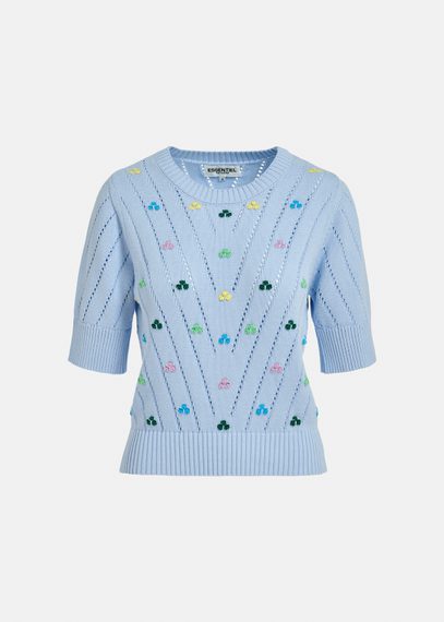 Light blue pointelle-knitted sweater with embroideries