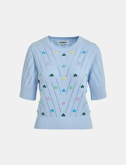 Light blue pointelle-knitted sweater with embroideries