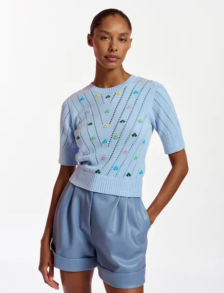 Light blue pointelle-knitted sweater with embroideries