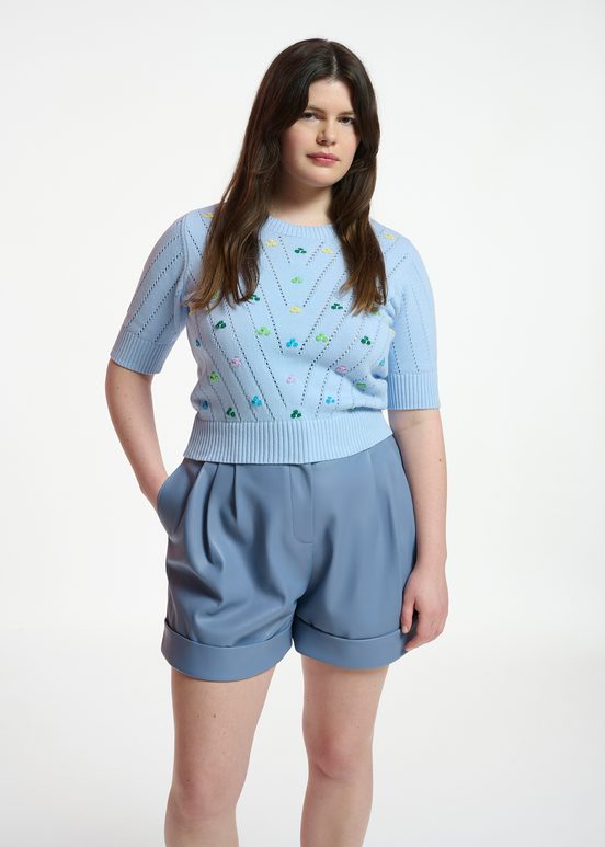 Light blue pointelle-knitted sweater with embroideries