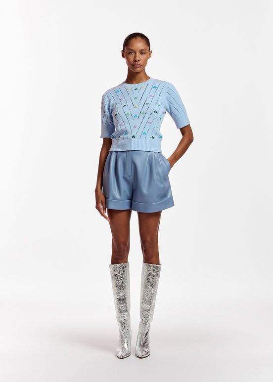 Light blue pointelle-knitted sweater with embroideries