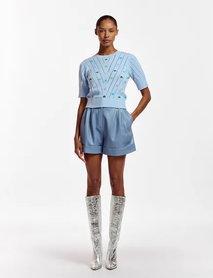 Light blue pointelle-knitted sweater with embroideries