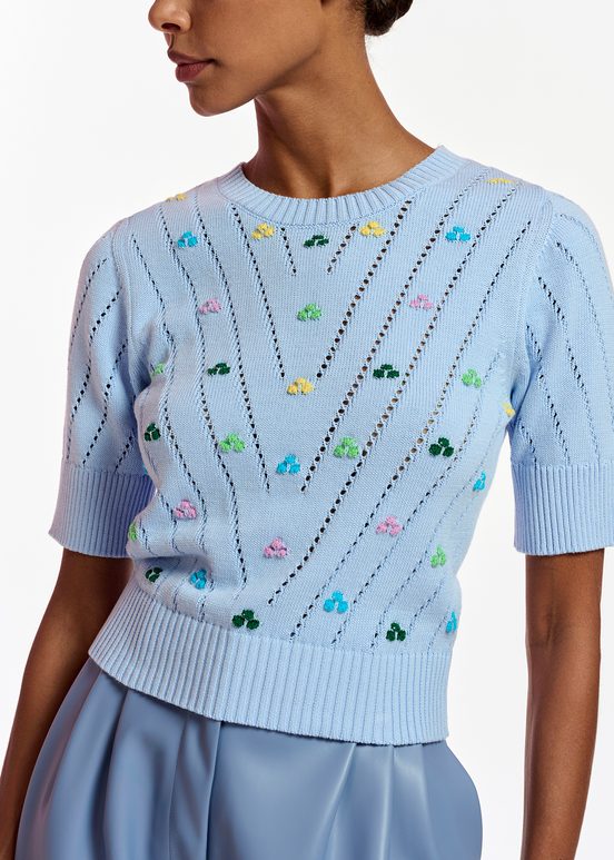 Light blue pointelle-knitted sweater with embroideries