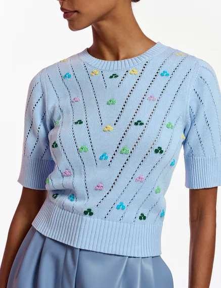 Light blue pointelle-knitted sweater with embroideries