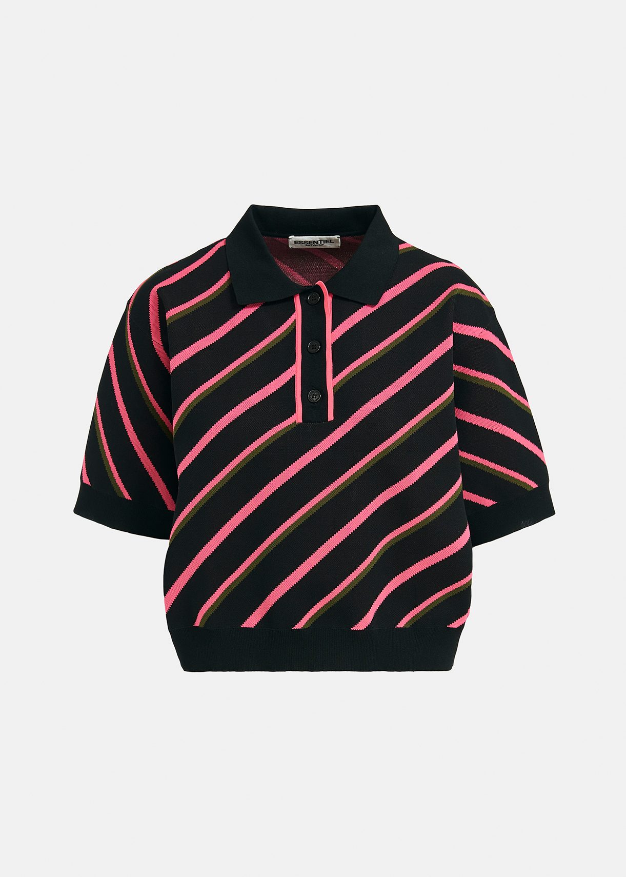 Black, neon pink and khaki striped knitted polo top