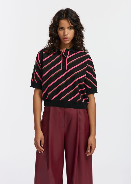 Black, neon pink and khaki striped knitted polo top