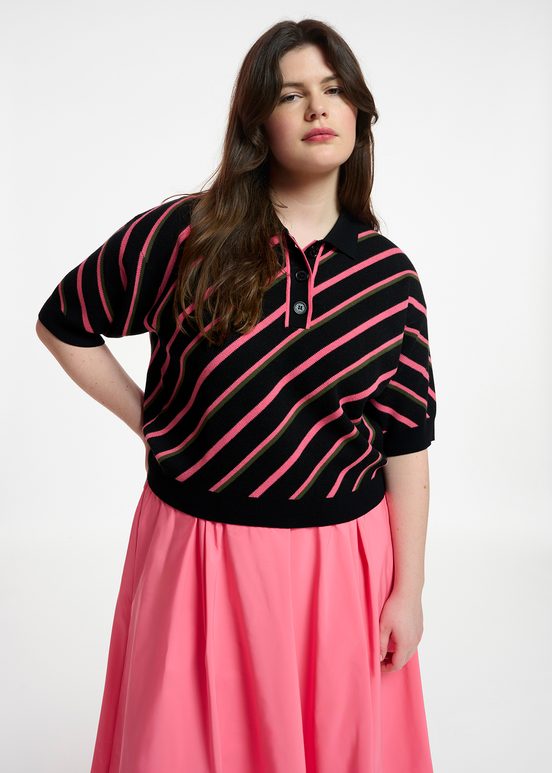 Black, neon pink and khaki striped knitted polo top