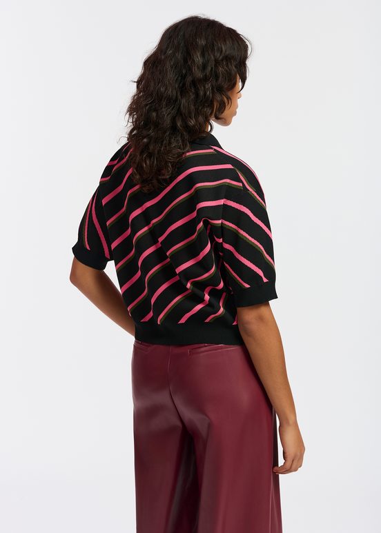 Black, neon pink and khaki striped knitted polo top