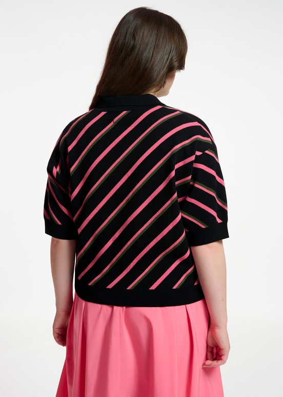 Black, neon pink and khaki striped knitted polo top