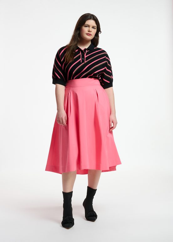 Black, neon pink and khaki striped knitted polo top