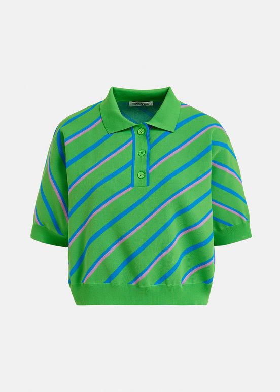 Green, blue and lilac striped knitted polo top