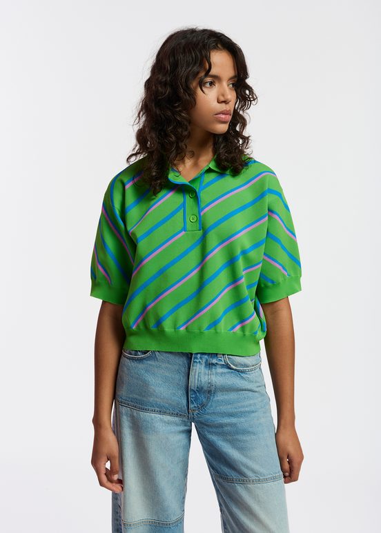 Green, blue and lilac striped knitted polo top