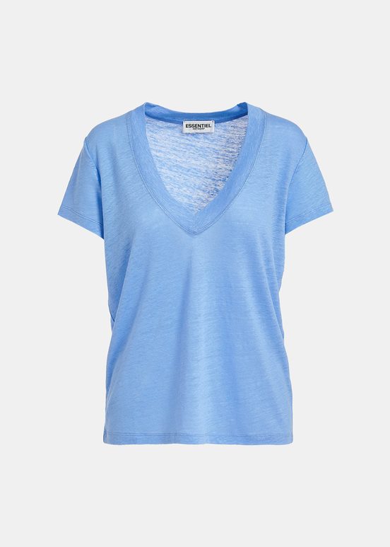 Blauw linnen T-shirt met V-hals