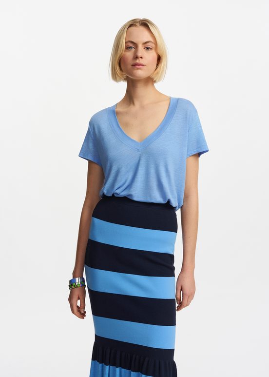 Blauw linnen T-shirt met V-hals