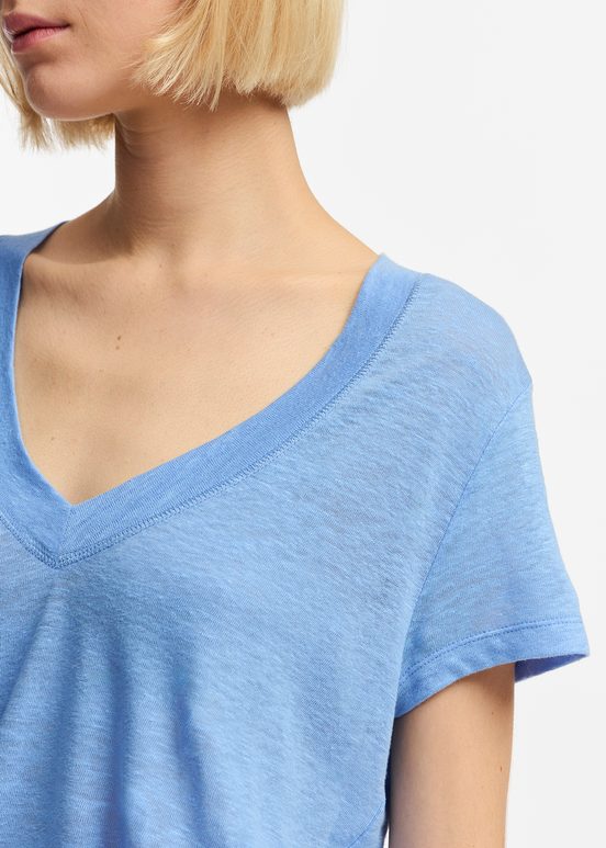 Blauw linnen T-shirt met V-hals