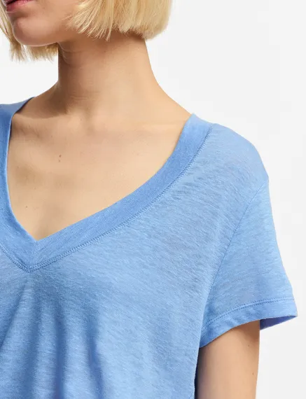 Blue linen V-neck T-shirt