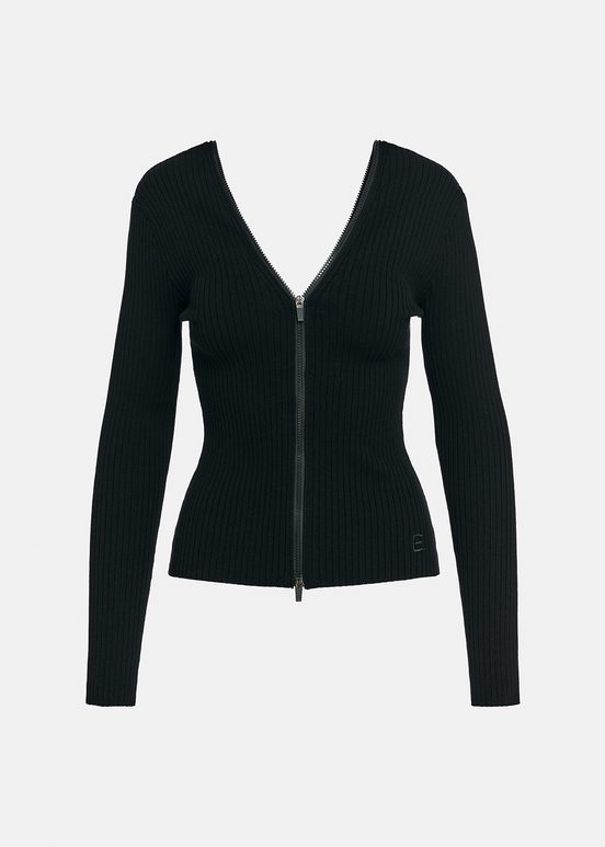 Black zip-detailed rib-knitted sweater