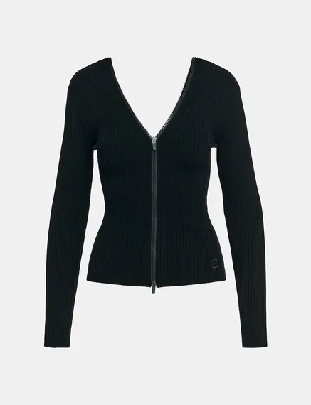 Black zip-detailed rib-knitted sweater