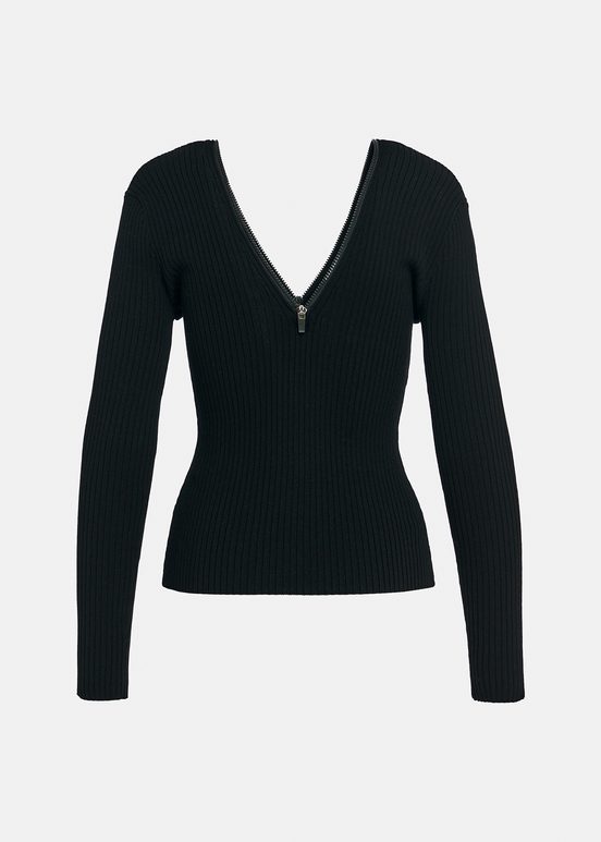 Black zip-detailed rib-knitted sweater