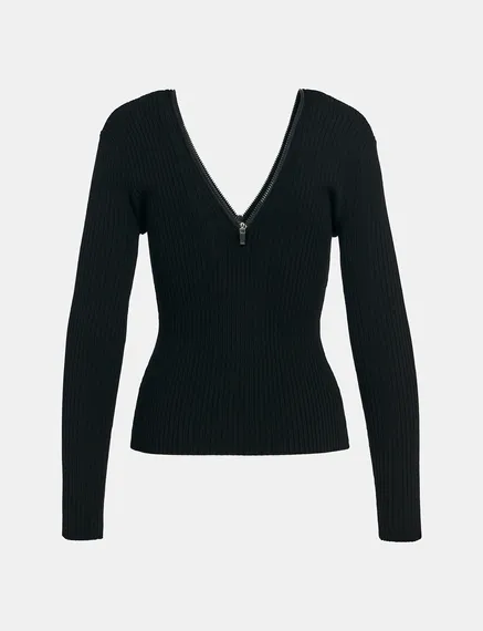 Black zip-detailed rib-knitted sweater