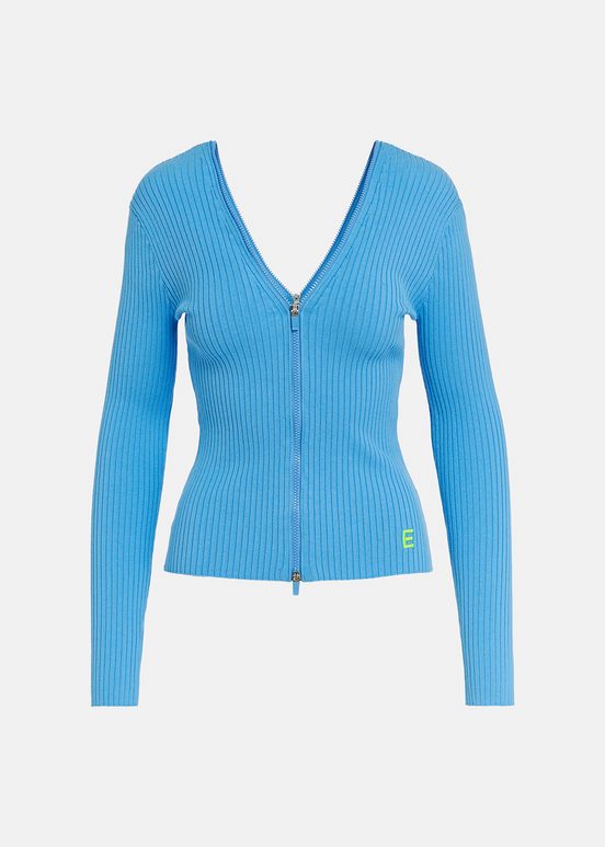 Blue zip-detailed rib-knitted sweater