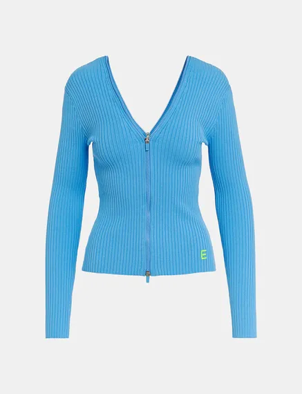 Blue zip-detailed rib-knitted sweater