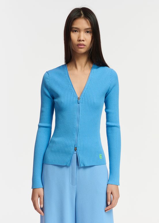 Blue zip-detailed rib-knitted sweater