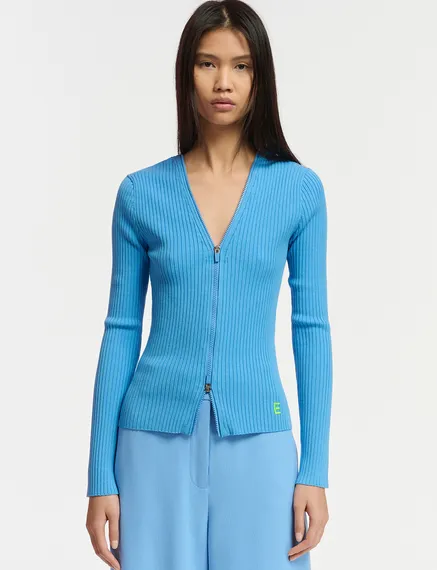 Blue zip-detailed rib-knitted sweater