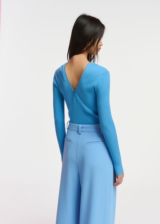 Blue zip-detailed rib-knitted sweater