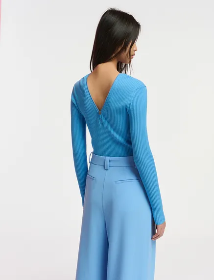 Blue zip-detailed rib-knitted sweater