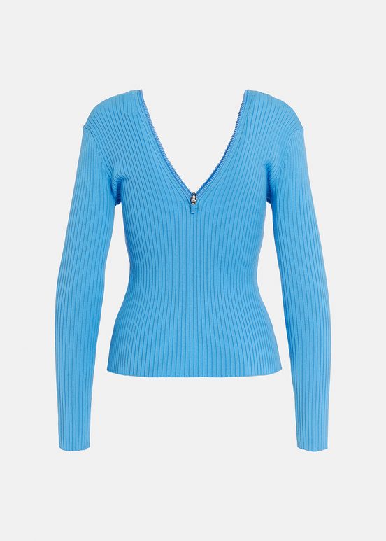 Blue zip-detailed rib-knitted sweater