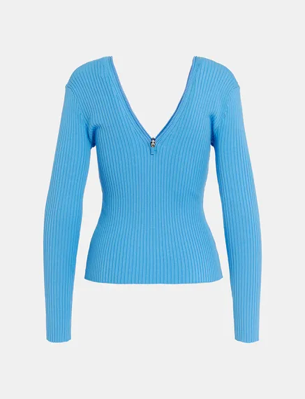 Blue zip-detailed rib-knitted sweater