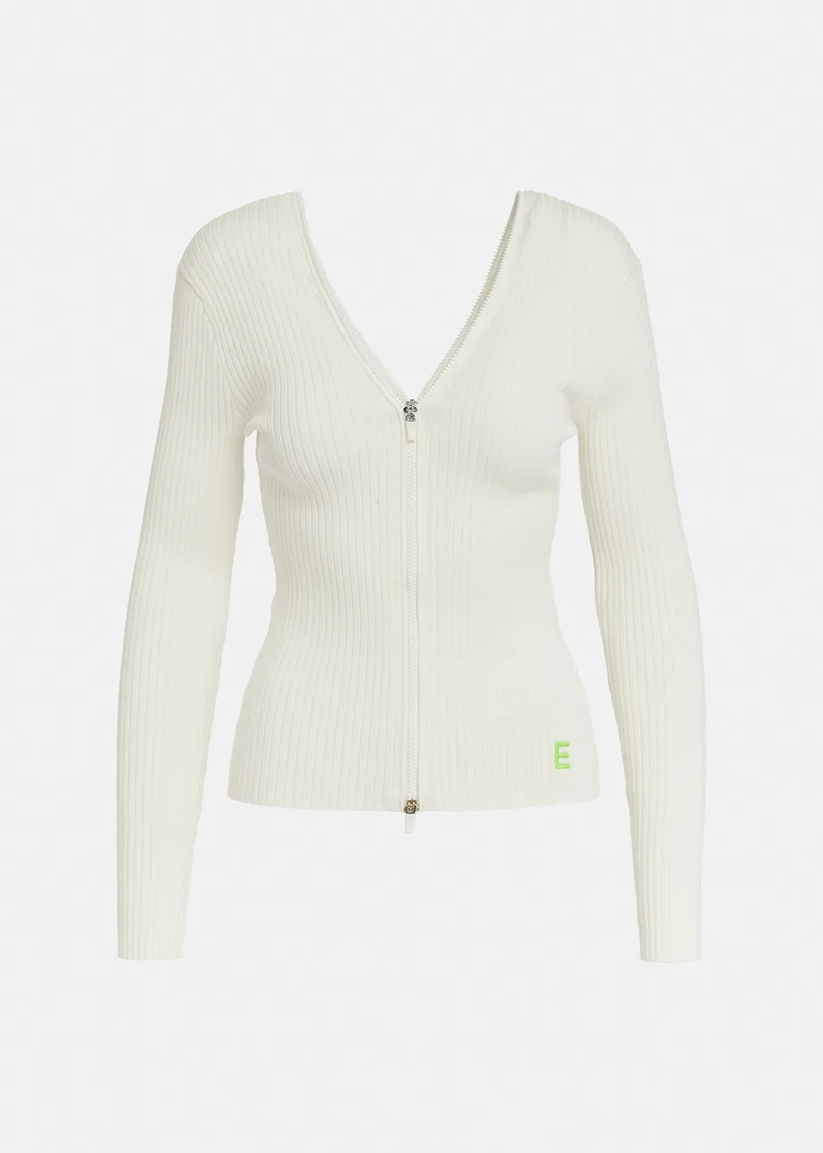 Gebroken witte ribgebreide trui met ritsdetail