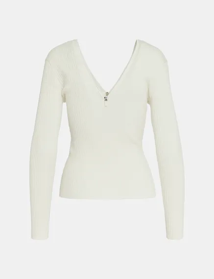 Pull en côtes blanc cassé avec zips