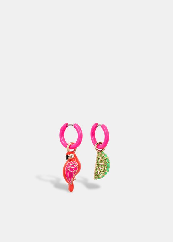 Neon pink hoop earrings with parrot and lime pendants