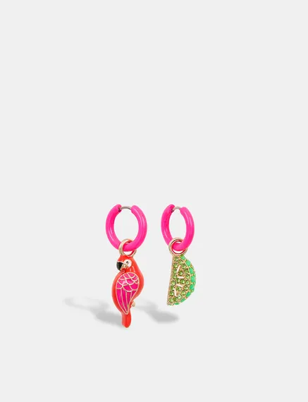 Neon pink hoop earrings with parrot and lime pendants