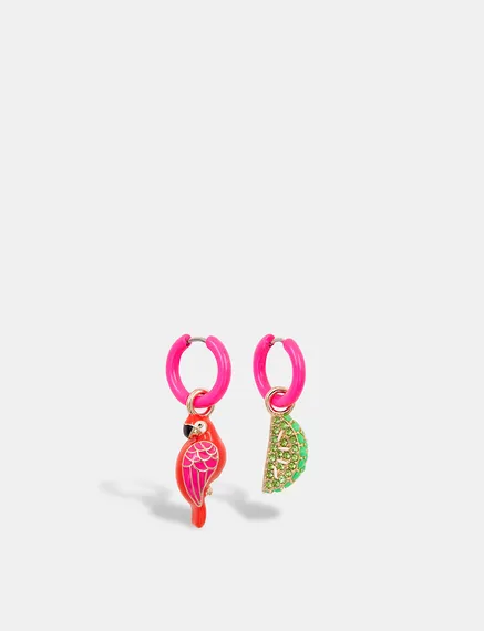 Neon pink hoop earrings with parrot and lime pendants