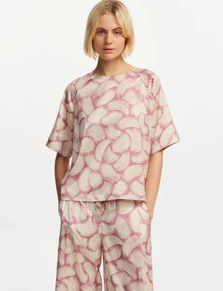 Oversized Bluse mit abstraktem Print in Altrosa und Cremeweiß