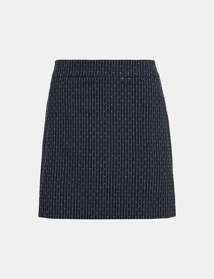 Navy blue pinstriped mini skirt with rhinestone embellishments