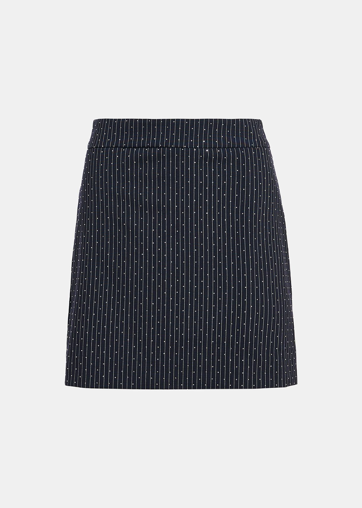 Navy blue pinstriped mini skirt with rhinestone embellishments