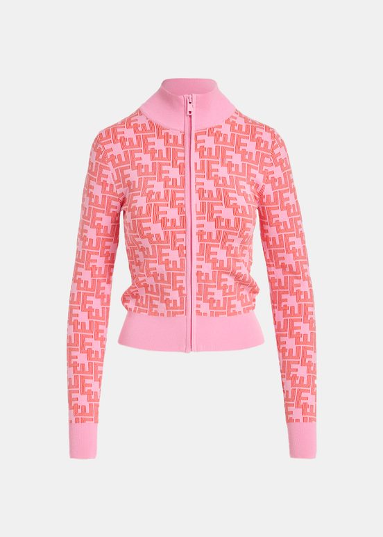 Pink and red jacquard-knitted zipped cardigan