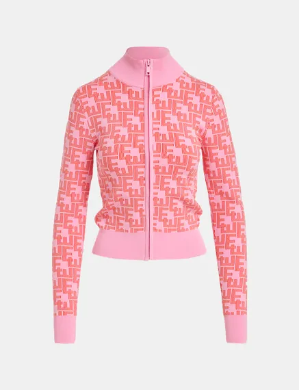 Pink and red jacquard-knitted zipped cardigan