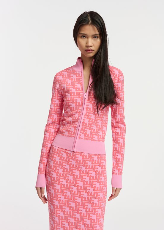 Pink and red jacquard-knitted zipped cardigan