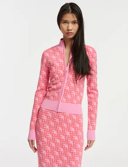 Pink and red jacquard-knitted zipped cardigan