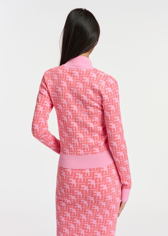 Pink and red jacquard-knitted zipped cardigan