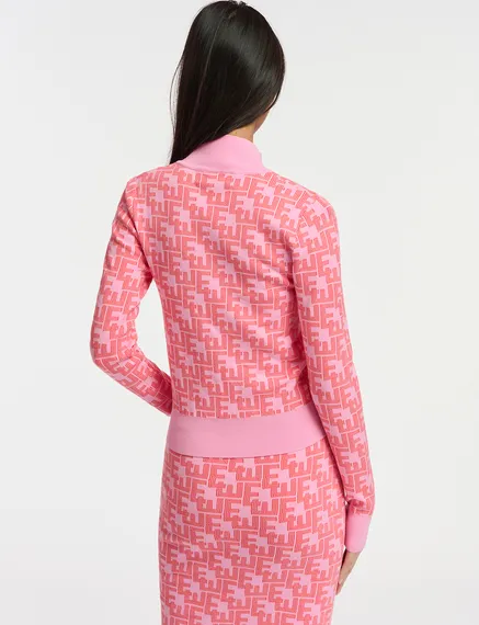 Pink and red jacquard-knitted zipped cardigan