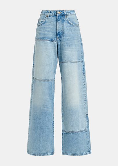 Blauwe patchwork jeans met rechte pijpen