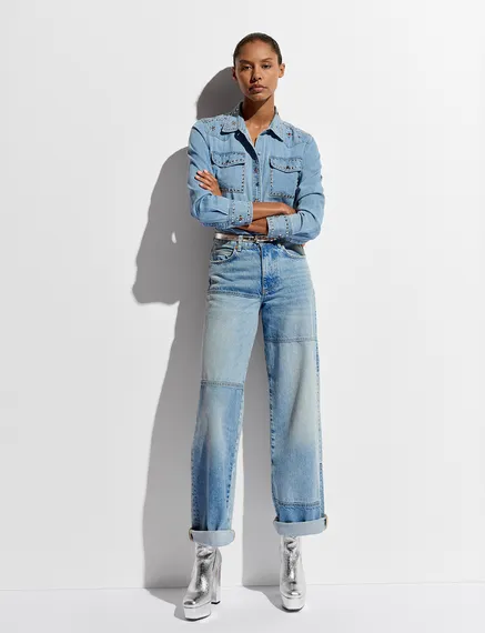 Straight-leg patchwork blue jeans