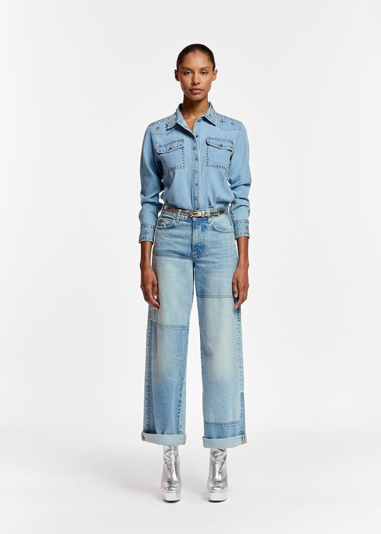 Straight-leg patchwork blue jeans