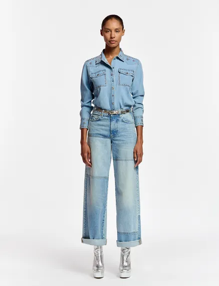 Straight-leg patchwork blue jeans